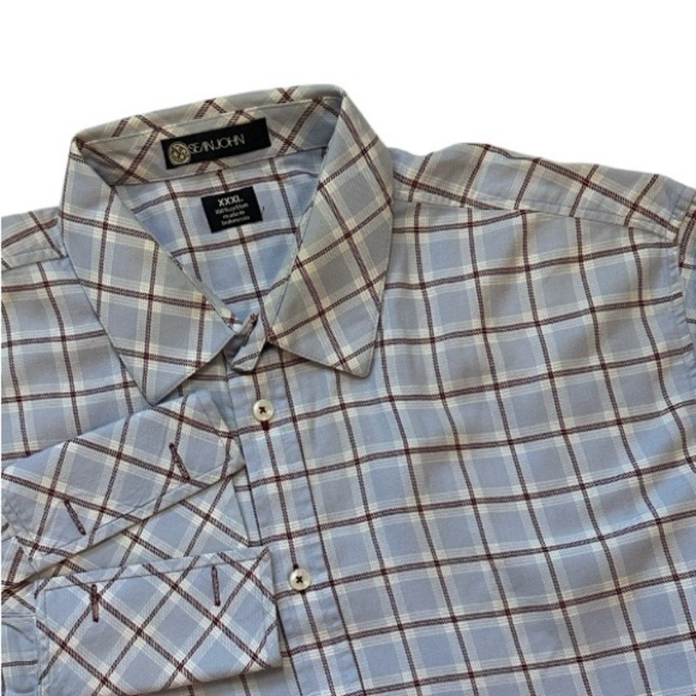 Sean John Light Blue White Plaid Button Up Dress Shirt Men’s XXXL French Cuffs